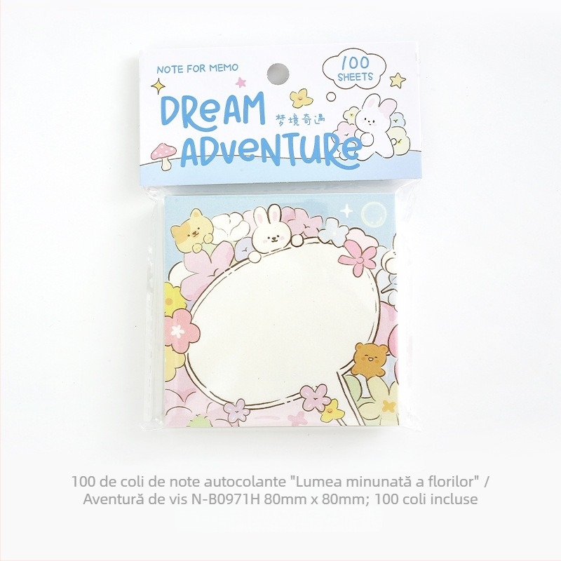 Note adezive 100 coli, hârtie pentru scris, stil simplu, imprimat cu animale drăguțe și flori