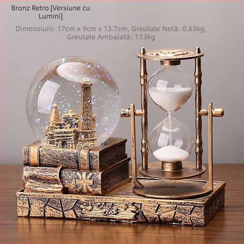 Turn de nisip vintage cu sferă de cristal și cutie muzicală – decor de birou