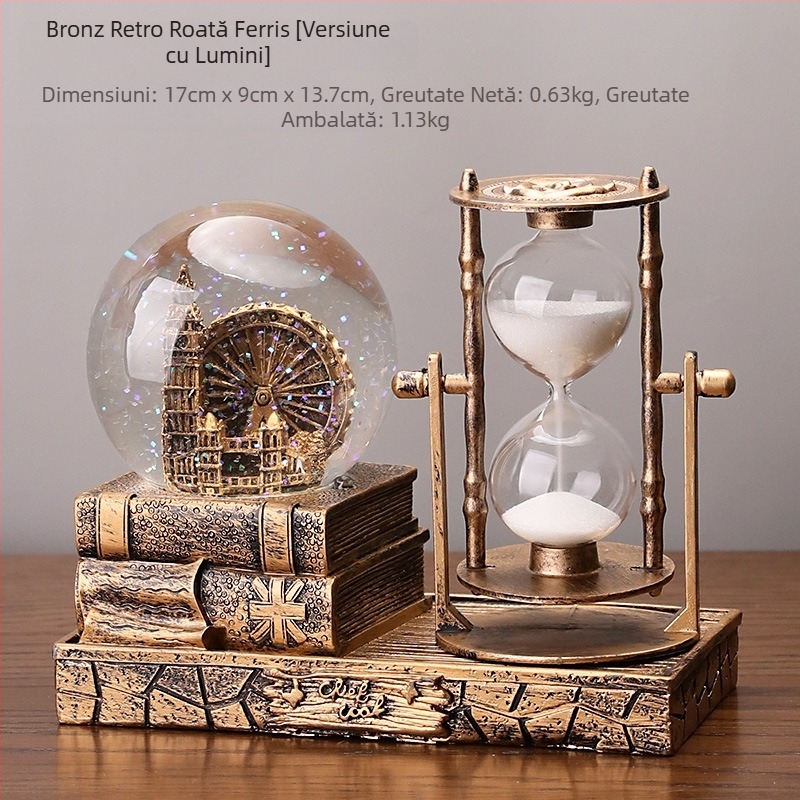 Turn de nisip vintage cu sferă de cristal și cutie muzicală – decor de birou