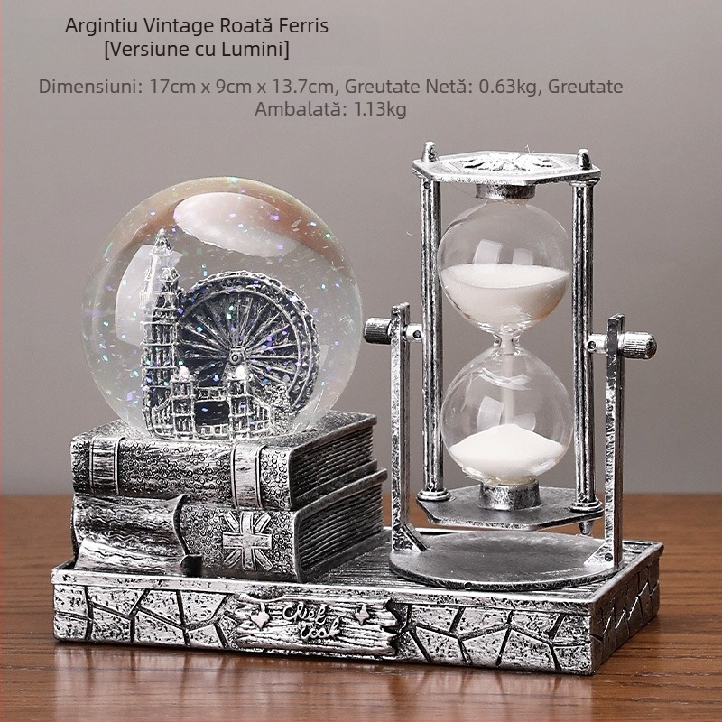 Turn de nisip vintage cu sferă de cristal și cutie muzicală – decor de birou