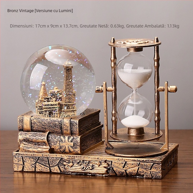 Turn de nisip vintage cu sferă de cristal și cutie muzicală – decor de birou