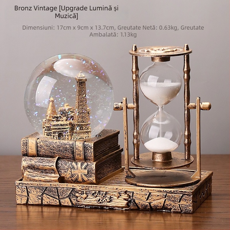 Turn de nisip vintage cu sferă de cristal și cutie muzicală – decor de birou