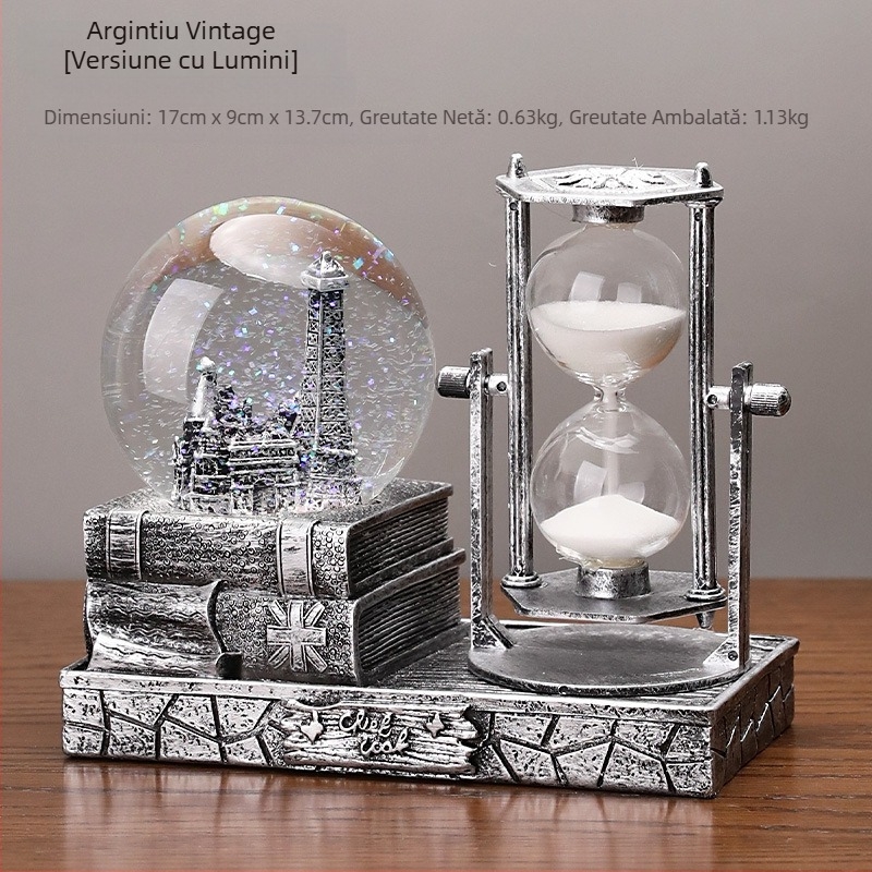 Turn de nisip vintage cu sferă de cristal și cutie muzicală – decor de birou
