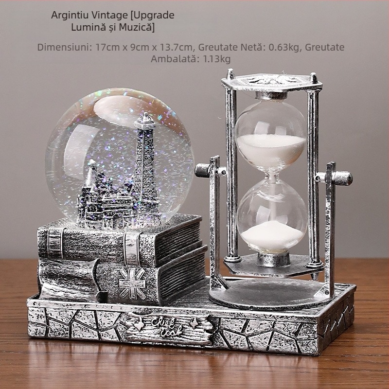 Turn de nisip vintage cu sferă de cristal și cutie muzicală – decor de birou