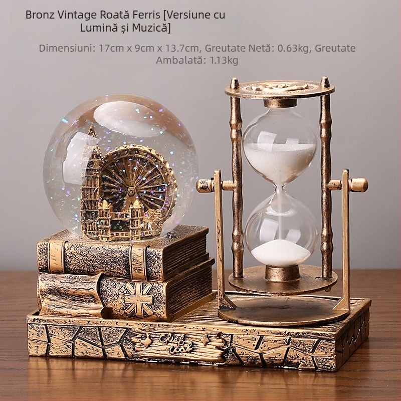 Turn de nisip vintage cu sferă de cristal și cutie muzicală – decor de birou
