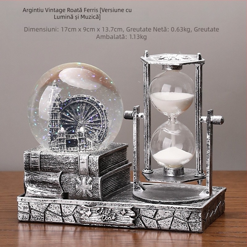Turn de nisip vintage cu sferă de cristal și cutie muzicală – decor de birou