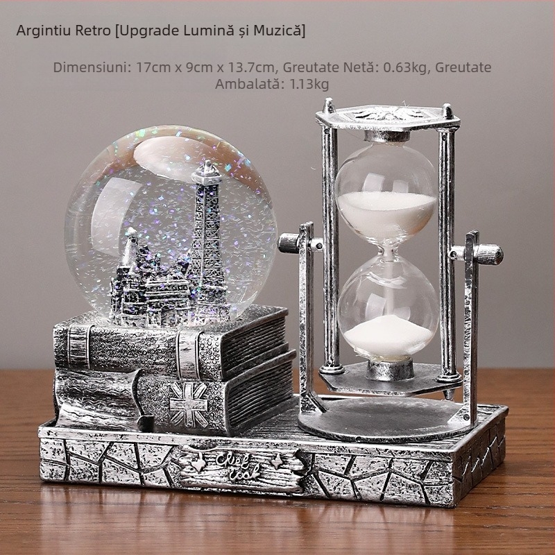 Turn de nisip vintage cu sferă de cristal și cutie muzicală – decor de birou