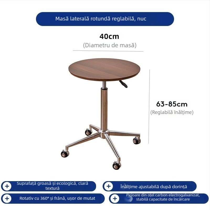 Masă de cafea cu blat circular din marmură, cadru metalic și bază din lemn, cu roți