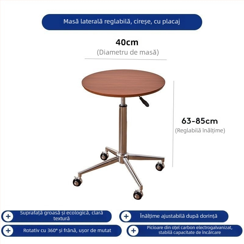 Masă de cafea cu blat circular din marmură, cadru metalic și bază din lemn, cu roți