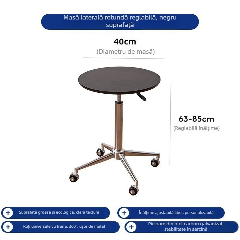 Masă de cafea cu blat circular din marmură, cadru metalic și bază din lemn, cu roți