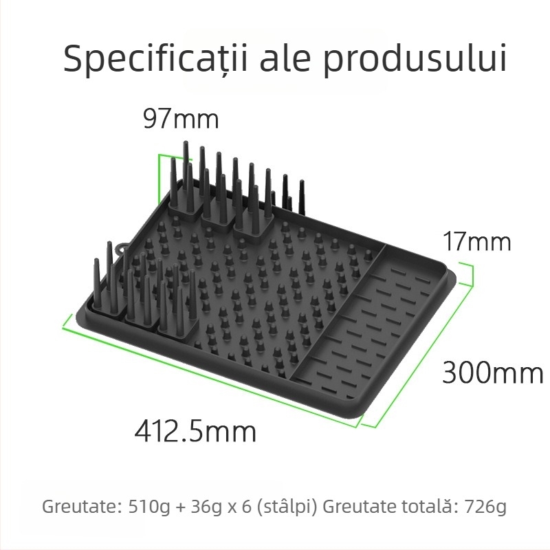 Covoraș silicon pentru scurgerea vaselor și raft de depozitare – pliabil, multifuncțional, detașabil, fără montaj, design dreptunghiular, pentru farfurii, boluri și tacâmuri pe blat, în colț sau în dulap
