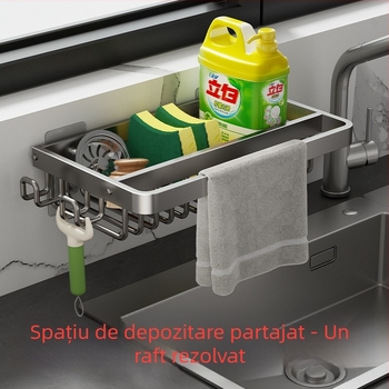 Raft de depozitare pentru chiuvetă — montaj pe perete, fără găuri, din aluminiu, organizator multifuncțional pentru bureți și cârpe