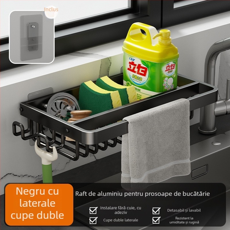 Raft de depozitare pentru chiuvetă — montaj pe perete, fără găuri, din aluminiu, organizator multifuncțional pentru bureți și cârpe