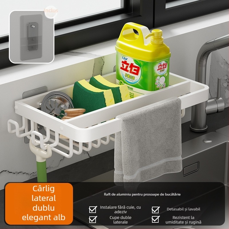 Raft de depozitare pentru chiuvetă — montaj pe perete, fără găuri, din aluminiu, organizator multifuncțional pentru bureți și cârpe