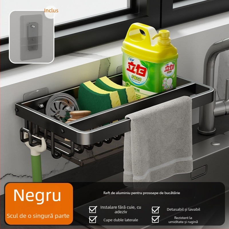 Raft de depozitare pentru chiuvetă — montaj pe perete, fără găuri, din aluminiu, organizator multifuncțional pentru bureți și cârpe