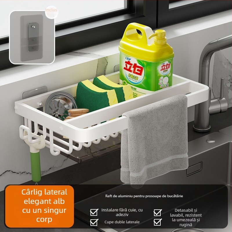 Raft de depozitare pentru chiuvetă — montaj pe perete, fără găuri, din aluminiu, organizator multifuncțional pentru bureți și cârpe