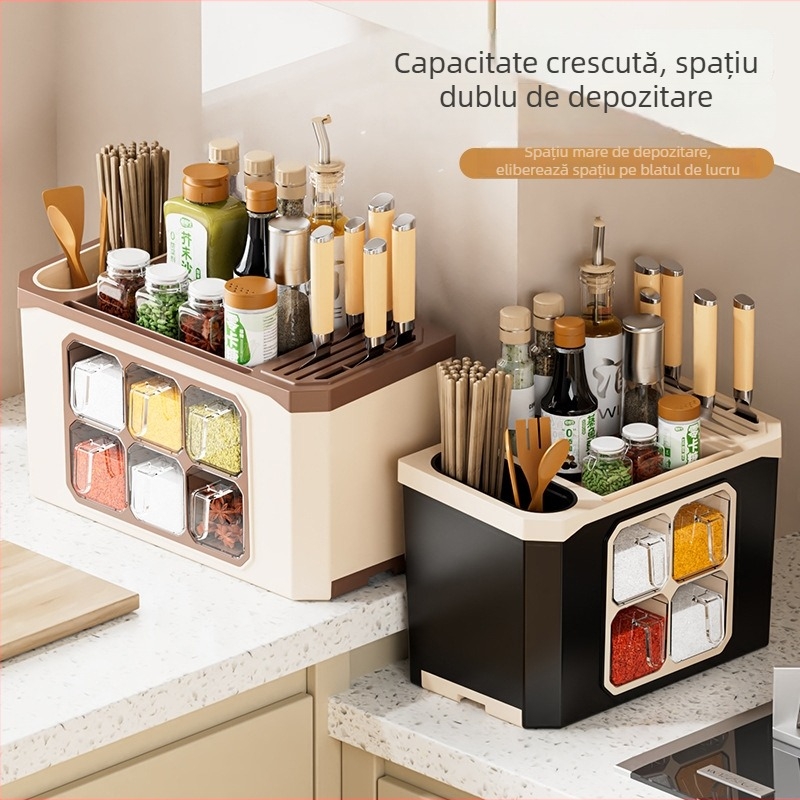 Organizator de blat pentru bucătărie cu suport pentru cuțite și depozitare de condimente — plastic; fără instalare; Origine: Jieyang; depozitare de condimente; stil modern minimalist