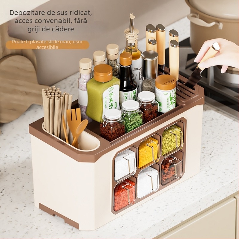 Organizator de blat pentru bucătărie cu suport pentru cuțite și depozitare de condimente — plastic; fără instalare; Origine: Jieyang; depozitare de condimente; stil modern minimalist