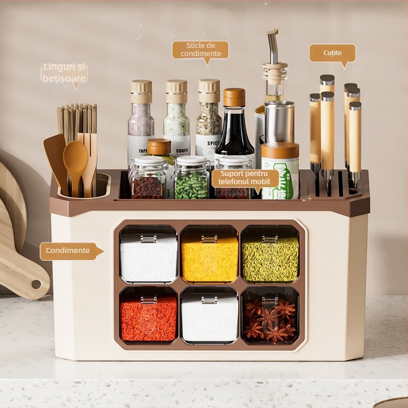 Organizator de blat pentru bucătărie cu suport pentru cuțite și depozitare de condimente — plastic; fără instalare; Origine: Jieyang; depozitare de condimente; stil modern minimalist