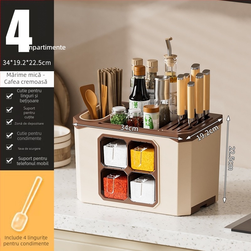 Organizator de blat pentru bucătărie cu suport pentru cuțite și depozitare de condimente — plastic; fără instalare; Origine: Jieyang; depozitare de condimente; stil modern minimalist