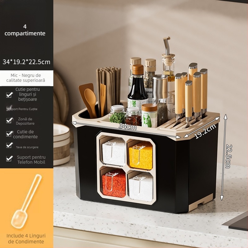 Organizator de blat pentru bucătărie cu suport pentru cuțite și depozitare de condimente — plastic; fără instalare; Origine: Jieyang; depozitare de condimente; stil modern minimalist
