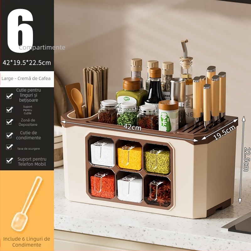 Organizator de blat pentru bucătărie cu suport pentru cuțite și depozitare de condimente — plastic; fără instalare; Origine: Jieyang; depozitare de condimente; stil modern minimalist