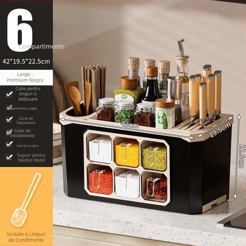 Organizator de blat pentru bucătărie cu suport pentru cuțite și depozitare de condimente — plastic; fără instalare; Origine: Jieyang; depozitare de condimente; stil modern minimalist