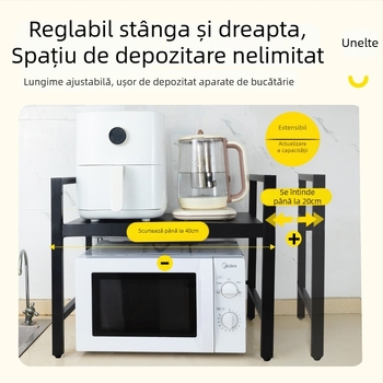 Raft extensibil din oțel-carbon pentru cuptor cu microunde – organizator de bucătărie cu două niveluri, design dreptunghiular, stil minimalist modern, pentru blat sau sub/pe dulap