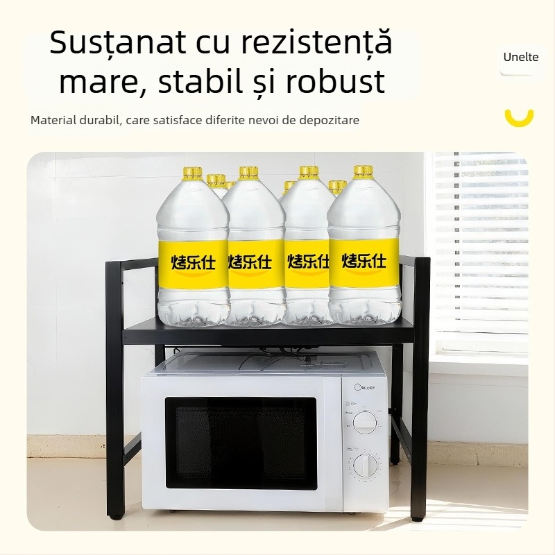 Raft extensibil din oțel-carbon pentru cuptor cu microunde – organizator de bucătărie cu două niveluri, design dreptunghiular, stil minimalist modern, pentru blat sau sub/pe dulap
