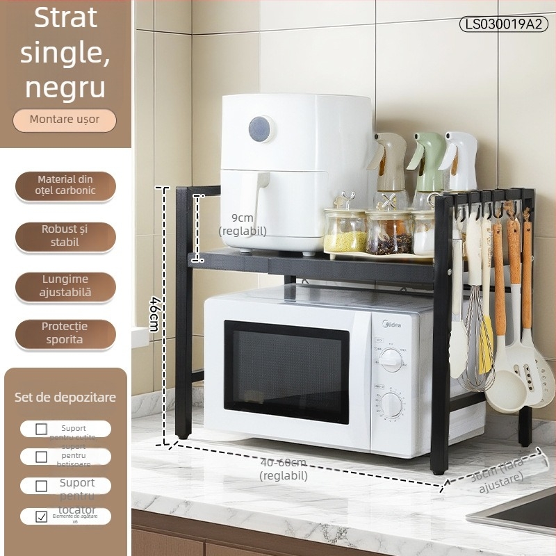 Raft extensibil din oțel-carbon pentru cuptor cu microunde – organizator de bucătărie cu două niveluri, design dreptunghiular, stil minimalist modern, pentru blat sau sub/pe dulap