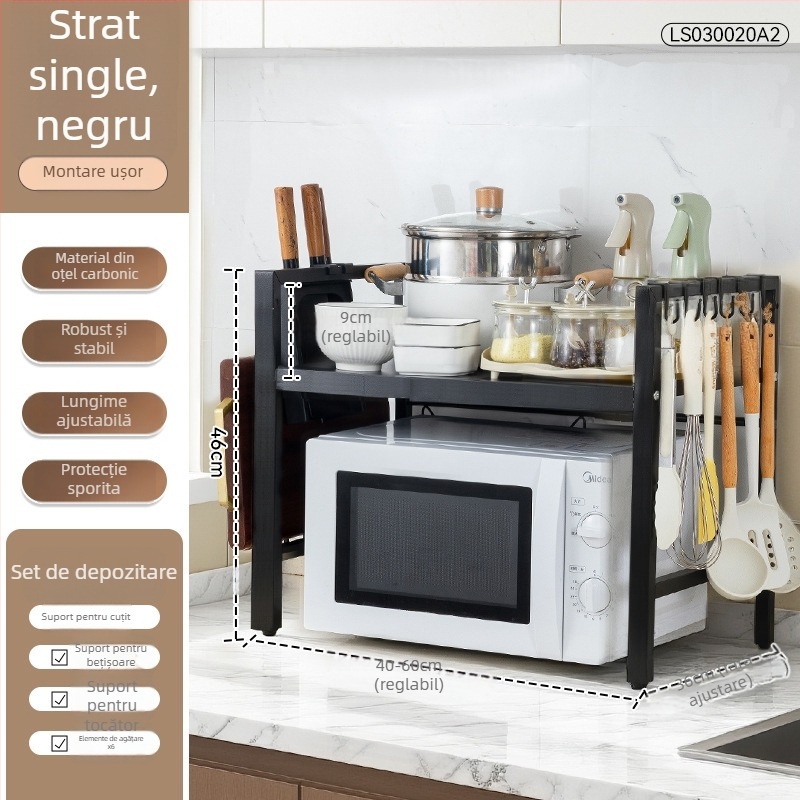 Raft extensibil din oțel-carbon pentru cuptor cu microunde – organizator de bucătărie cu două niveluri, design dreptunghiular, stil minimalist modern, pentru blat sau sub/pe dulap