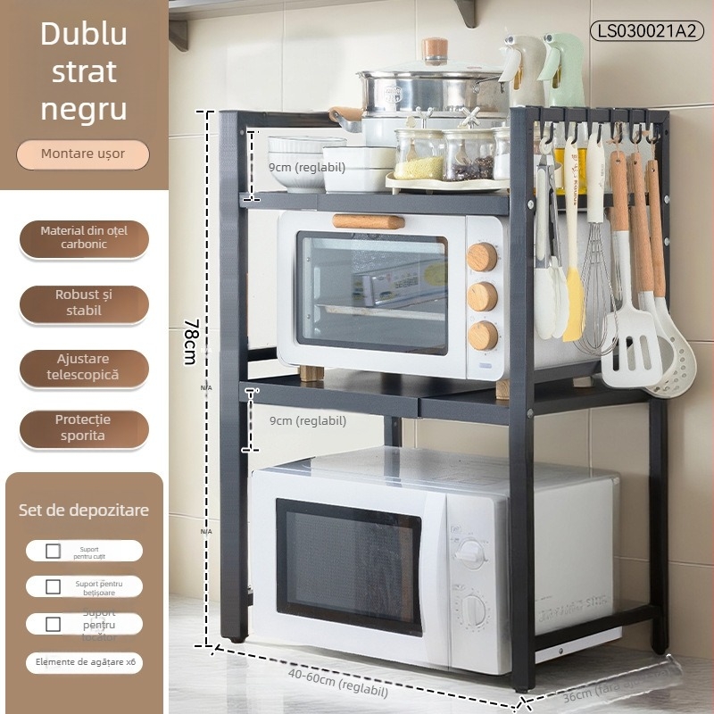 Raft extensibil din oțel-carbon pentru cuptor cu microunde – organizator de bucătărie cu două niveluri, design dreptunghiular, stil minimalist modern, pentru blat sau sub/pe dulap