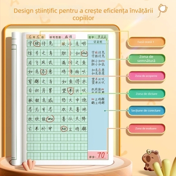 Caiet de lucru pentru elevii din învățământul primar, cu grilă pentru scrierea caracterelor, dictare zilnică, pinyin și cuvinte în engleză; 40 de pagini, hârtie 80 g