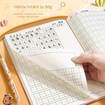 Caiet de lucru pentru elevii din învățământul primar, cu grilă pentru scrierea caracterelor, dictare zilnică, pinyin și cuvinte în engleză; 40 de pagini, hârtie 80 g
