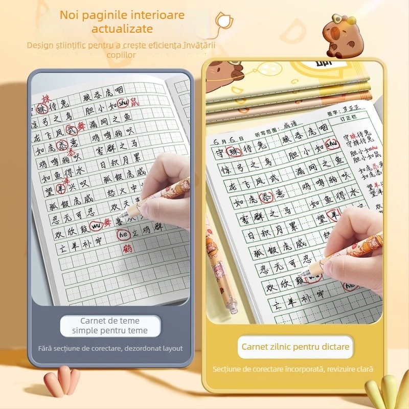 Caiet de lucru pentru elevii din învățământul primar, cu grilă pentru scrierea caracterelor, dictare zilnică, pinyin și cuvinte în engleză; 40 de pagini, hârtie 80 g