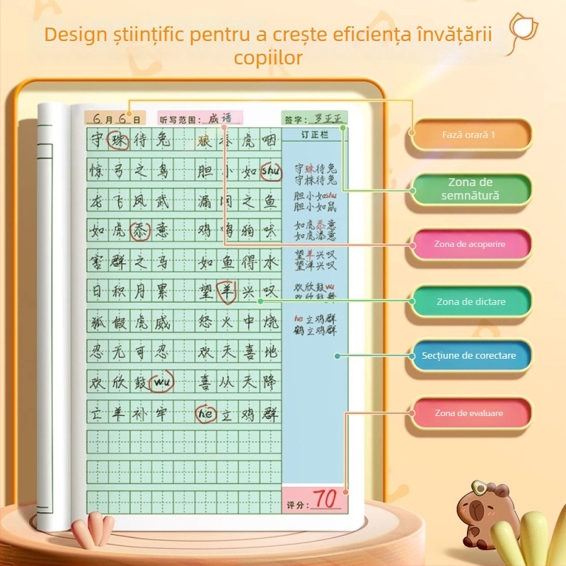Caiet de lucru pentru elevii din învățământul primar, cu grilă pentru scrierea caracterelor, dictare zilnică, pinyin și cuvinte în engleză; 40 de pagini, hârtie 80 g