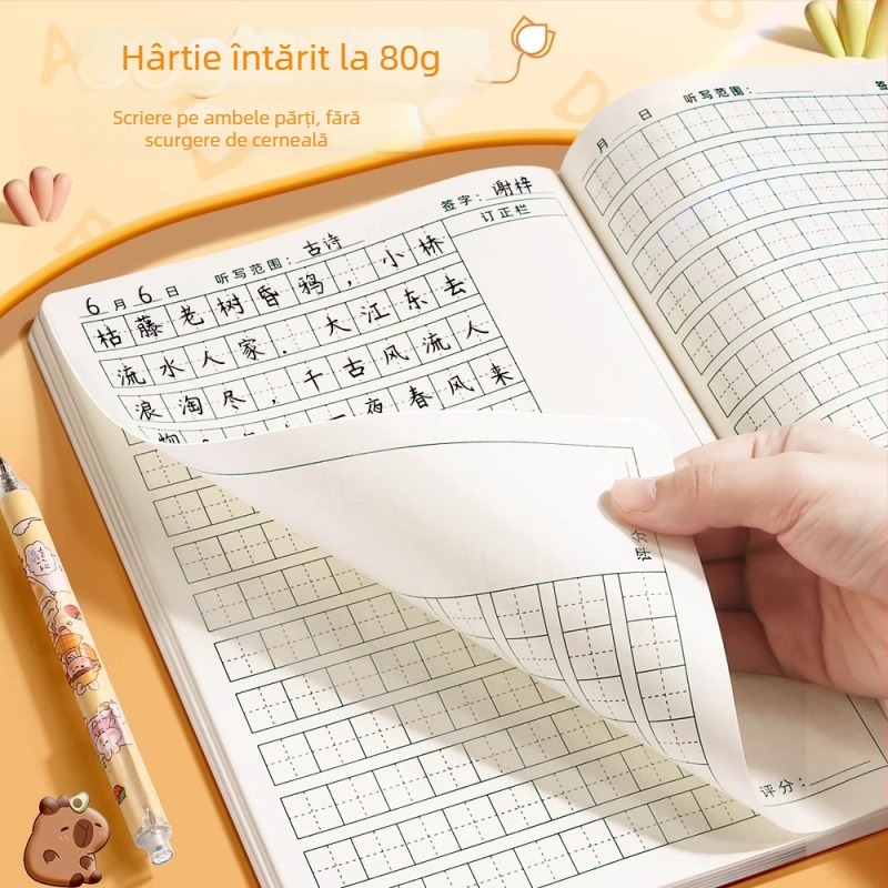 Caiet de lucru pentru elevii din învățământul primar, cu grilă pentru scrierea caracterelor, dictare zilnică, pinyin și cuvinte în engleză; 40 de pagini, hârtie 80 g