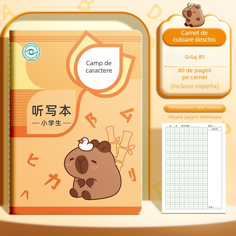 Caiet de lucru pentru elevii din învățământul primar, cu grilă pentru scrierea caracterelor, dictare zilnică, pinyin și cuvinte în engleză; 40 de pagini, hârtie 80 g