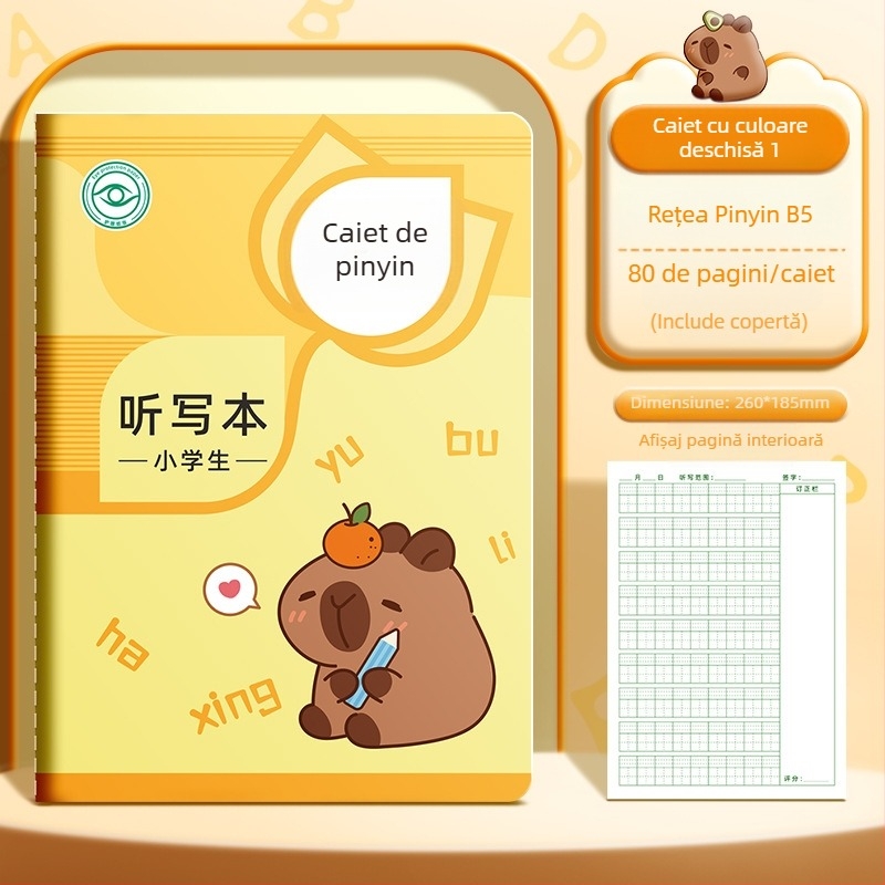Caiet de lucru pentru elevii din învățământul primar, cu grilă pentru scrierea caracterelor, dictare zilnică, pinyin și cuvinte în engleză; 40 de pagini, hârtie 80 g