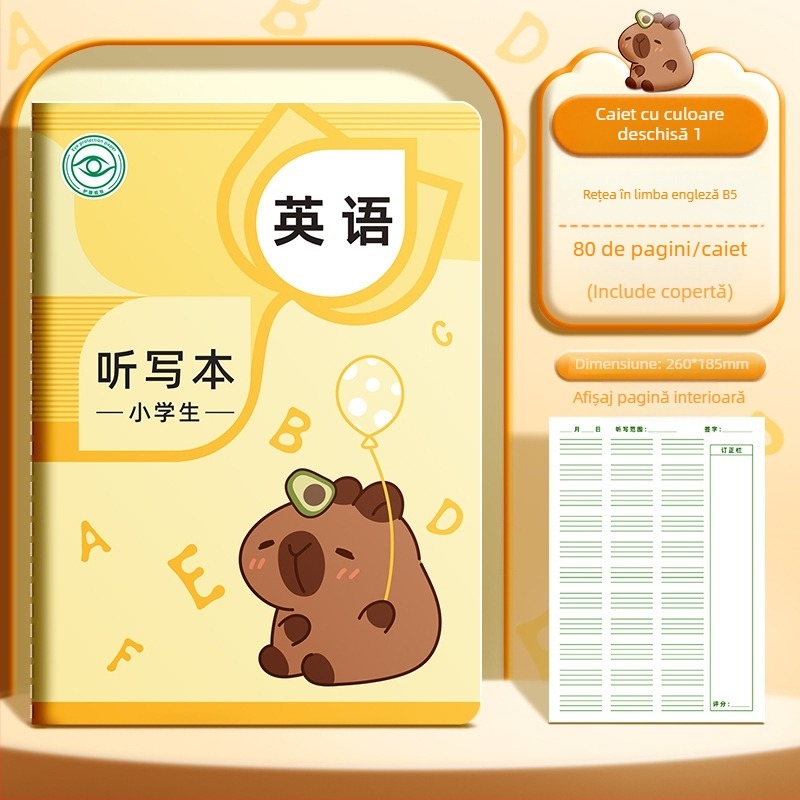 Caiet de lucru pentru elevii din învățământul primar, cu grilă pentru scrierea caracterelor, dictare zilnică, pinyin și cuvinte în engleză; 40 de pagini, hârtie 80 g