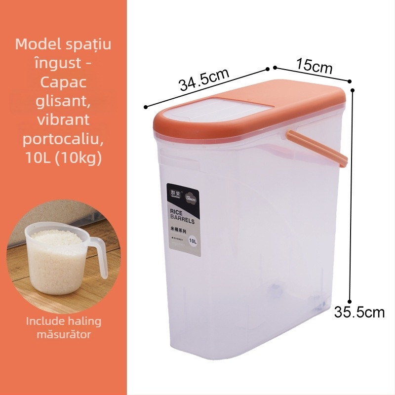 Recipient de plastic pentru orez cu etanșare, protecție împotriva umidității și dăunătorilor | Capacitate 9-10 L, brand Qunrong, logo personalizabil