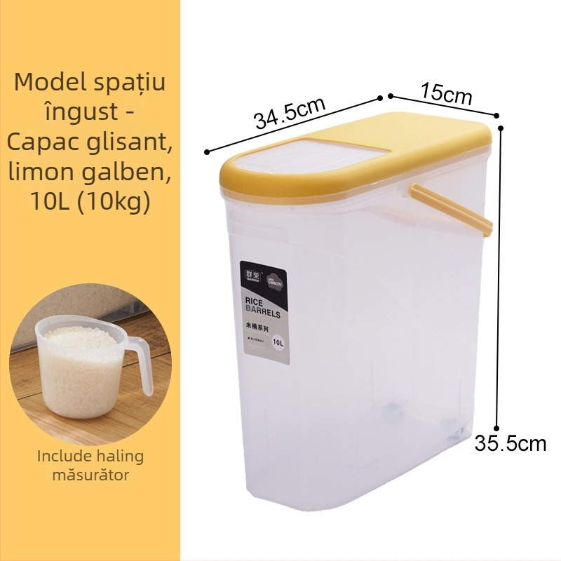 Recipient de plastic pentru orez cu etanșare, protecție împotriva umidității și dăunătorilor | Capacitate 9-10 L, brand Qunrong, logo personalizabil