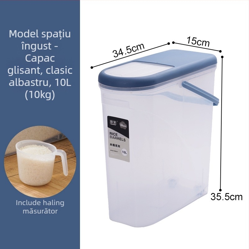 Recipient de plastic pentru orez cu etanșare, protecție împotriva umidității și dăunătorilor | Capacitate 9-10 L, brand Qunrong, logo personalizabil