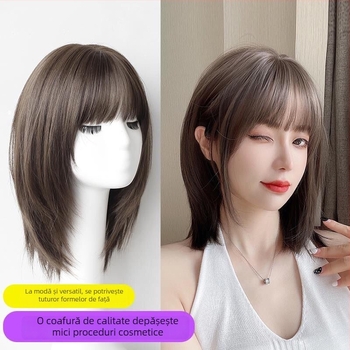 Perucă scurtă, păr drept, model A-08, Qi bangs, fibre rezistente la temperaturi înalte, volum natural pentru conturarea feței