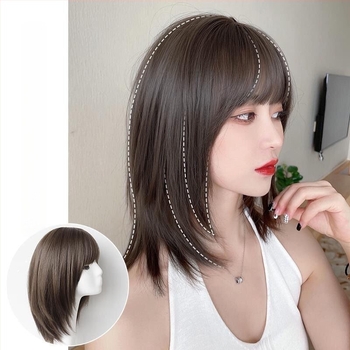 Perucă scurtă, păr drept, model A-08, Qi bangs, fibre rezistente la temperaturi înalte, volum natural pentru conturarea feței