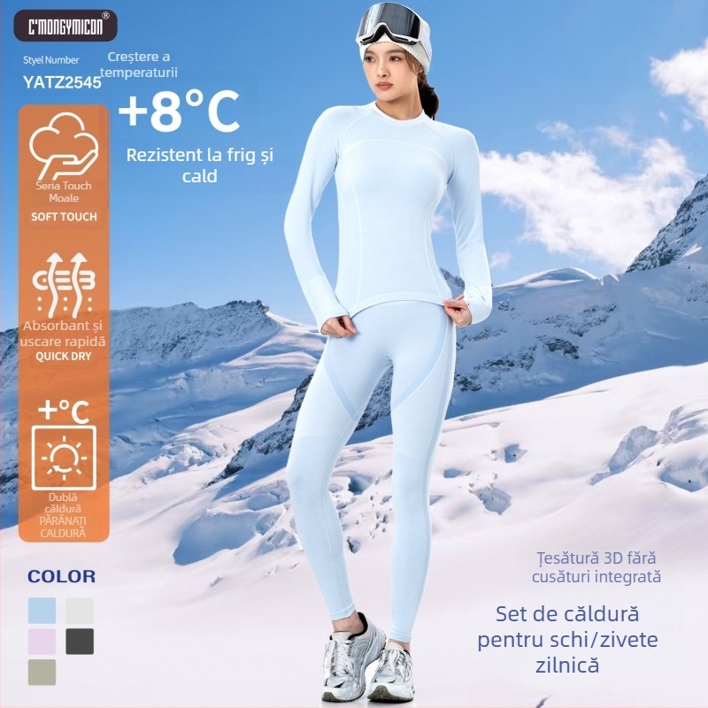 Set feminin pentru schi, model cu dungi, potrivit pentru iarnă, primăvară și toamnă, amestec nylon-cotton-spandex 52/43/5, mâneci lungi
