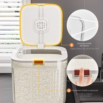 Recipient depozitare orez cu corp metalic, calitate alimentară, etanș, rezistent la umezeală și insecte, capacitate peste 10 L, stil lux ușor