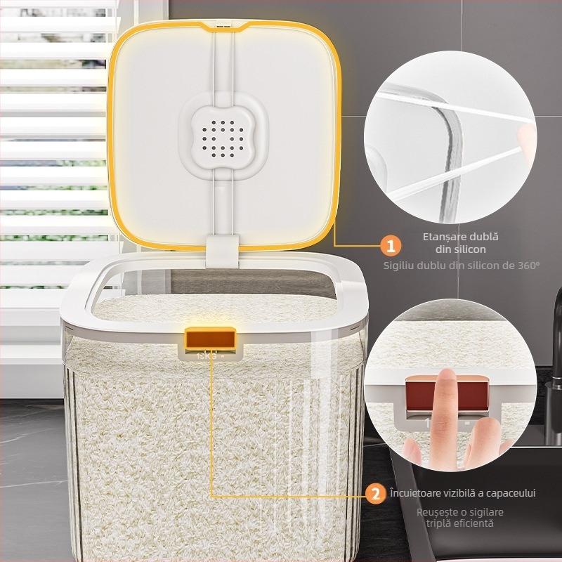 Recipient depozitare orez cu corp metalic, calitate alimentară, etanș, rezistent la umezeală și insecte, capacitate peste 10 L, stil lux ușor