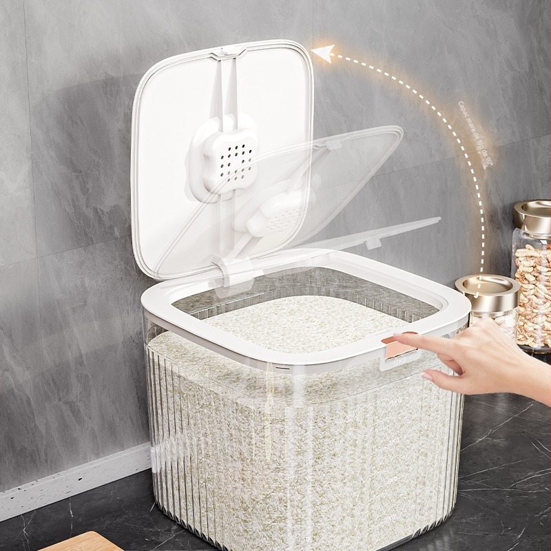 Recipient depozitare orez cu corp metalic, calitate alimentară, etanș, rezistent la umezeală și insecte, capacitate peste 10 L, stil lux ușor