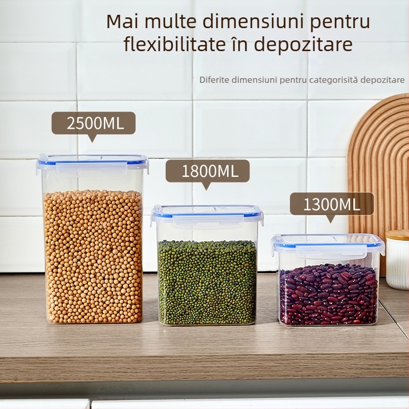 Recipient pătrat din PP, rezistent la umezeală, pentru cereale și gustări, capacitate 2.1–3 L
